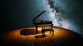 Luxurious grand piano standing on a stage against a starry night sky background. Black glossy paint shines in a spotlight. Classical instrument ready to perform for musicians. Passion for music. - Powered by Shutterstock - Get 15% off with code: PIKWIZARD15