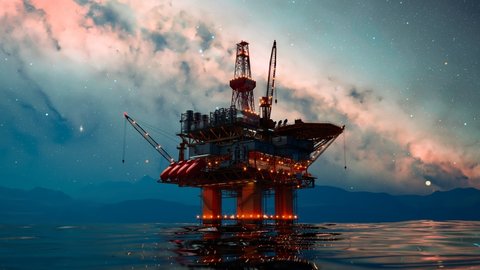 Oil rig at night. The milky way shines above. Offshore drilling rig extracting crude oil on the sea or ocean. Illustration for the power industry, petroleum engineering, technology, oilfield. 4k HD