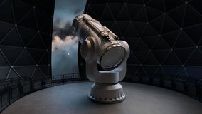 Modern white telescope inside a sci-fi, geosphere observatory dome, tracking stars while the door opens. Beautiful night sky nebula visible through the opening. Camera follows the equipment movement. - Powered by Shutterstock - Get 15% off with code: PIKWIZARD15