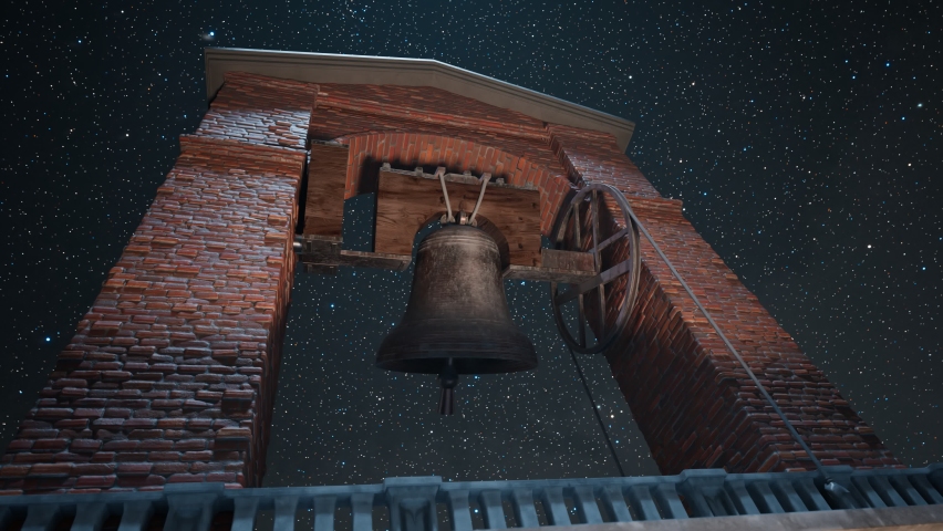 Old tower made of bricks. Wooden construction with heavy vintage bell ringing. A metal object made of bronze or iron with decorative ornaments. Architectural landmark. Starry night sky background. | Shutterstock HD Video #1081384751