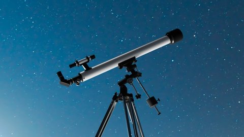 Amazing animation with a telescope at a starry sky background. The night sky landscape with telescope silhouette. Astronomy. Observing stars constellations in the galaxy. Discovery. Space exploration