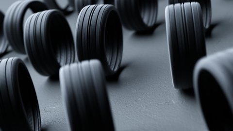 Seamless looping animation with rolling car wheels. Black rubber tires moving around. New car tyres. Concept of auto service, wheels changing, tire store. Tires for sale. Transportation. Motorsport.