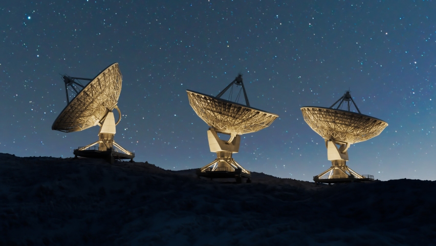 A satellite dishes on the top of the hill at night. Space observatory signal search. Radio astronomy observatory. Amazing night sky landscape with antenna silhouettes. Discovery, science, technology. Royalty-Free Stock Footage #1081385054