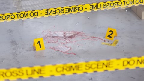Footage of the murder site with pieces of evidence of the crime. The camera shows a gun, a bloody knife and a large stain of blood. Forensic evidence on the floor. Criminal police investigation.