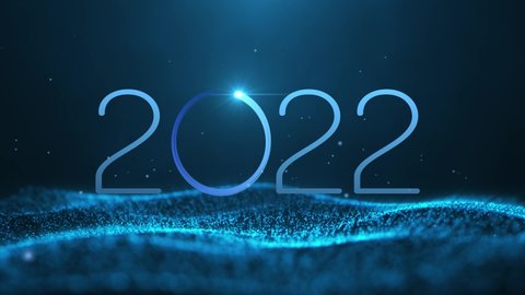 Happy new year 2022 neon animation. Shiny blue gradient numbers 2022 on glittering and sparkling wave. gradient numbers 2022 on glittering and sparkling wave. New Year background.