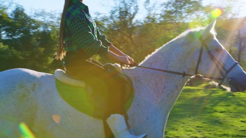 A teenage country girl riding a horse along a green sunny meadow. A young cowgirl with a horse under the sun rays