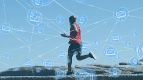 Animation of network of connections over senior african american man running at beach. healthy, active lifestyle, connections and digital interface concept digitally generated video. - Powered by Shutterstock - Get 15% off with code: PIKWIZARD15
