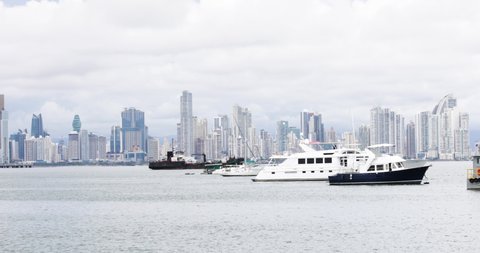 Panama city, September 7, panoramic view of Panama bay, skyline and boats. Shoot on September 7, 2021