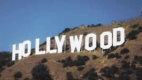 Hollywood sign white letters, October 2019. Cinematic panorama on Los Angeles landmark, historic birthplace of Hollywood cinematography. Symbol of entire Hollywood entertainment capital, USA tourism