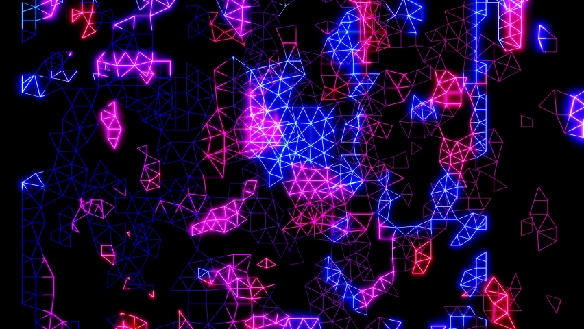 Vj loop abstract sci fi neon light background. Animation neon glow run on wareframes in dark. Abstract sci fi cyber background with neon glow gradient color. Beautiful modern motion graphic bg.