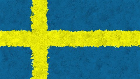 Colorful animation of the flag of Sweden, gradually emerging from a moving swirling cloud consisting of many colorful small particles. The particles rotate to form the national flag of Sweden.