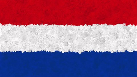 Colorful animation of the flag of the Netherlands, gradually emerging from a moving swirling cloud consisting of many colorful small particles. The particles rotate to form the Dutch national flag.