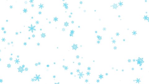 Abstract turquoise snowflakes falling slowly from the sky. White background. Overlay. Snowfall in winter. 59,94 fps