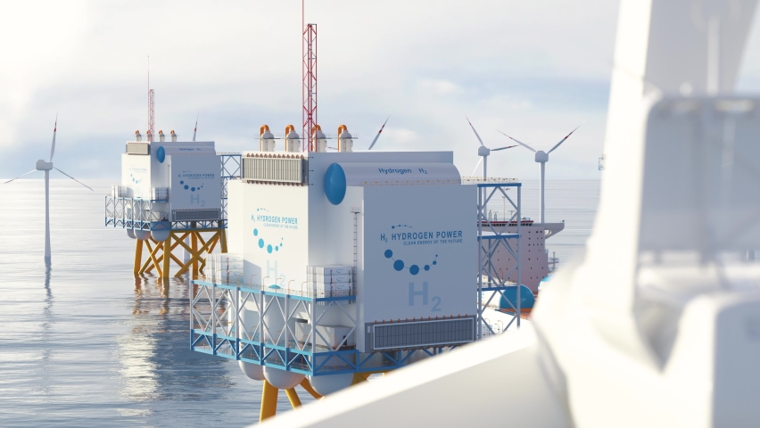 Hydrogen renewable offshore energy production - hydrogen gas for clean electricity solar and windturbine facility. 3d rendering. Royalty-Free Stock Footage #1081408724