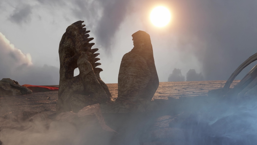 Dead dinosaur bodies, dinosaur skeletons after extinction 3d render | Shutterstock HD Video #1081410239