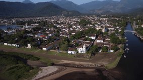 Aerial drone video of the rooftops around the bay of Paraty, Rio de Janeiro - Brazil