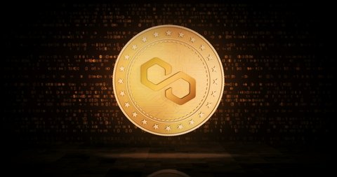Polygon, Matic cryptocurrency gold coin on loopable digital background. 3D seamless loop concept. Rotating golden metal looping abstract animation.