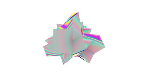 An abstract holographic diamond with sharp edges is continuously changing its shape on a white background. Seamless loop.