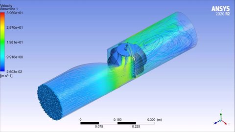 Pokhara, Nepal- October, 2021: 3D model of drag-type water turbine fitted inside pipe for hydroelectricity generation. Steady State CFD analysis using ANSYS software streamlines and velocity contour.