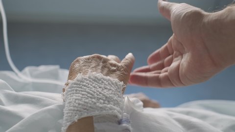 Close up medical professional holding hand of elderly Patient with iv drip, Health Care Support