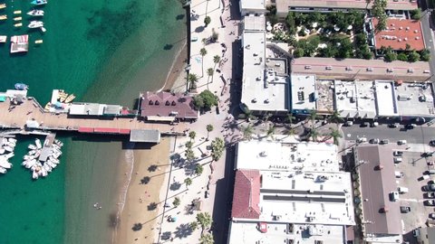 Birds eye view of beaches and bay in Avalon on Catalina Island.