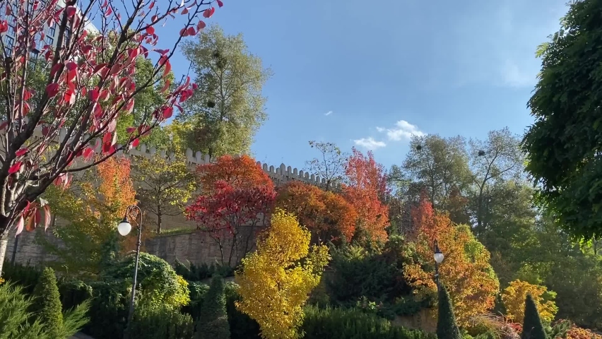 Autumn park with colorful trees foliage against blue sly. Autumn beautiful colors red yellow golden orange purple green leaves. Idyllic natural landscape of fall season.