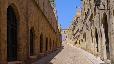 Historic cobblestoned Street of the Knights in the old town of Rhodes, Greece