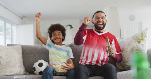African American man and his son at home sitting on a sofa in the living room, watching sports on TV drinking beer, cheering and raising fists in victory. Father and son spending quality time at home.