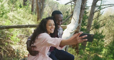 Smiling diverse couple taking selfie and sitting on tree in countryside. healthy, active lifestyle and outdoor leisure time. Stock-video