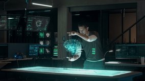 Computational Scientist works with Holographic Brain Interface and Infographics at Modern High Tech Research Facility. Futuristic Augmented Reality Technology. Blockchain and Neural AI Concept - Powered by Shutterstock - Get 15% off with code: PIKWIZARD15