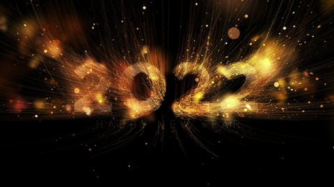 Happy New Year 2022 golden particles opener on gold firework background new year resolution concept.	
