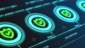 Data Protection And Security Gauges. Animated digital gauges on a computer screen showing data protection and security. Cyber security - Powered by Shutterstock - Get 15% off with code: PIKWIZARD15