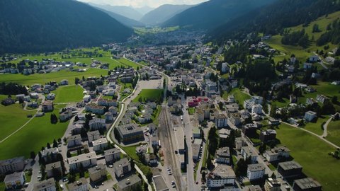 Aerial view of the city Davos in Switzerland on a sunny day in summer.