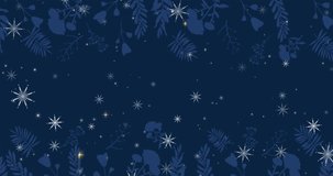 Animation of merry christmas text over leaves and snow falling. christmas, winter, tradition and celebration concept digitally generated video.