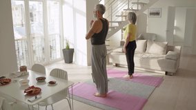Fit senior old couple doing virtual yoga class breathing exercises together at home. Mature mid age man and woman meditating watching fitness training digital online tv tutorial video on laptop.