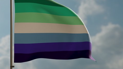 Animation of MLM flag waving against blue cloudy sky. Gay pride flag waving