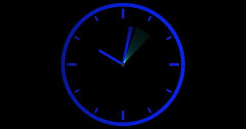 Alarm Clock animation. Seamless motion animated footage, black background, time concept. Watch with moving arrows, 12 hour Timelapse, spinning seamless loop. Wall Clock animation with light effects