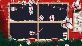 Animation of happy holidays text over christmas decorations and presents falling. christmas, winter, tradition and celebration concept digitally generated video.