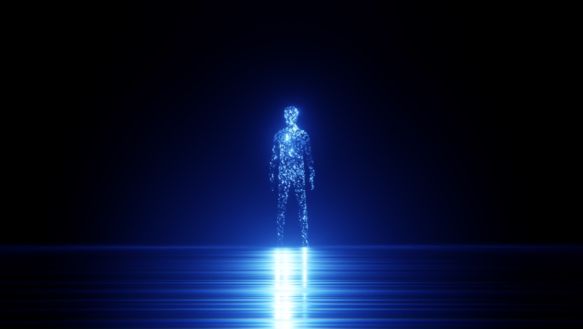 Wide angle of lone digital human figure standing in a dark abstract cyber space with bright blue lights shining through his body. 3d animation Royalty-Free Stock Footage #1081455734