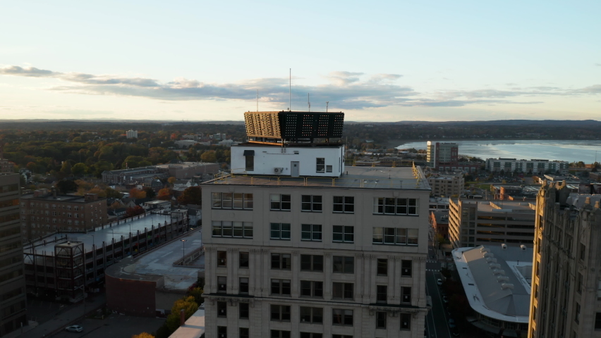 Oscillating aerial wide angle of the Time and Temperature Building in Portland, Maine