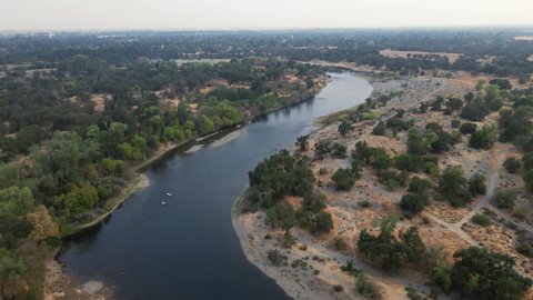 Panorama Of North Fork American River In Auburn City, Placer County, California, USA. aerial. forward