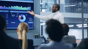 Presentation Event: Black Businesswoman Talks of e-Commerce Product Sales Showing TV Big Data Statistics, Charts, Revenue Growth Infographics. Press Conference for Digital Entrepreneurs, Investors - Powered by Shutterstock - Get 15% off with code: PIKWIZARD15