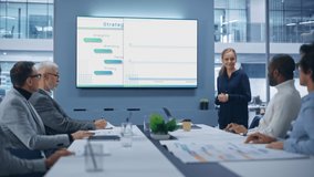 Office Conference Room Meeting Presentation: Beautiful Businesswoman Talks, Uses TV Screen to Show Company Growth with Big Data Analysis, Graphs, Charts, Infographics. Multi-Ethnic e-Commerce Business - Powered by Shutterstock - Get 15% off with code: PIKWIZARD15