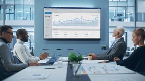 Office Conference Room Meeting: Group of Professional Entrepreneurs, Investors Talk, Use TV Screen with Infographics, Analysing Charts, Graphs, Statistics. Businesspeople Discuss Investment Strategy - Powered by Shutterstock - Get 15% off with code: PIKWIZARD15