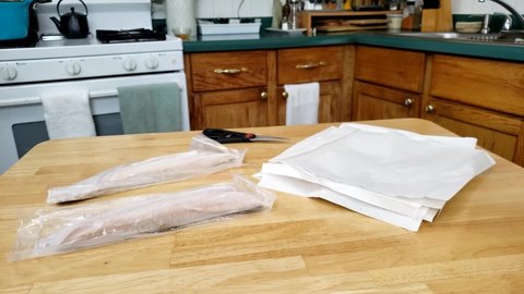Home cooking - Two air sealed and frozen walleye or Yellow Pike fillets ready to be thawed on paper.