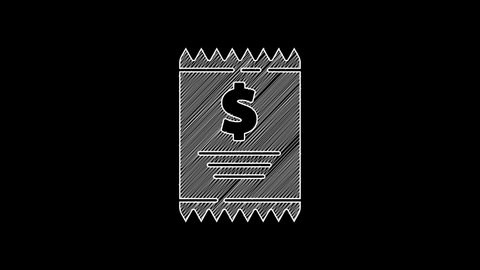 White line Paper check and financial check icon isolated on black background. Paper print check, shop receipt or bill. 4K Video motion graphic animation.