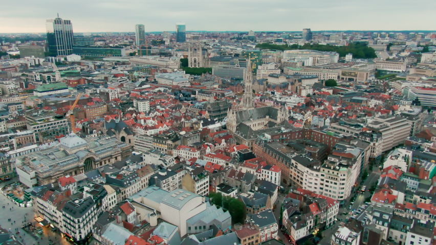 Establishing Aerial Shot of Brussels City Centre with main Landmarks. Panoramic Skyline of Capital of Belgium, EU. Popular European tourist and business destination. 4K drone zoom in top view Royalty-Free Stock Footage #1081478504