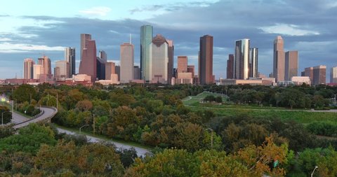 Low angle drone view of downtown Houston skyline. This video was filmed in 6k and down scaled to 4k for best image quality