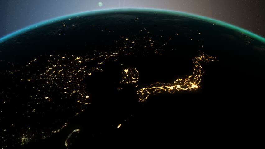 Globe Sunrise animation from space overlooking Japan, South Korea, North Korea, Southeast Asia, Vietnam,  Thailand, China, Taiwan | Shutterstock HD Video #1081481288