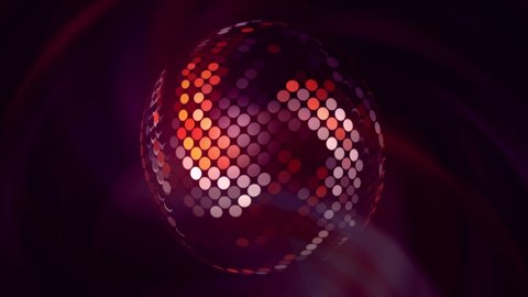 Rotating disco ball with spiral. Motion. Colorful hologram on disco ball with radiation. Bright rotating disco ball with reflecting colorful spiral